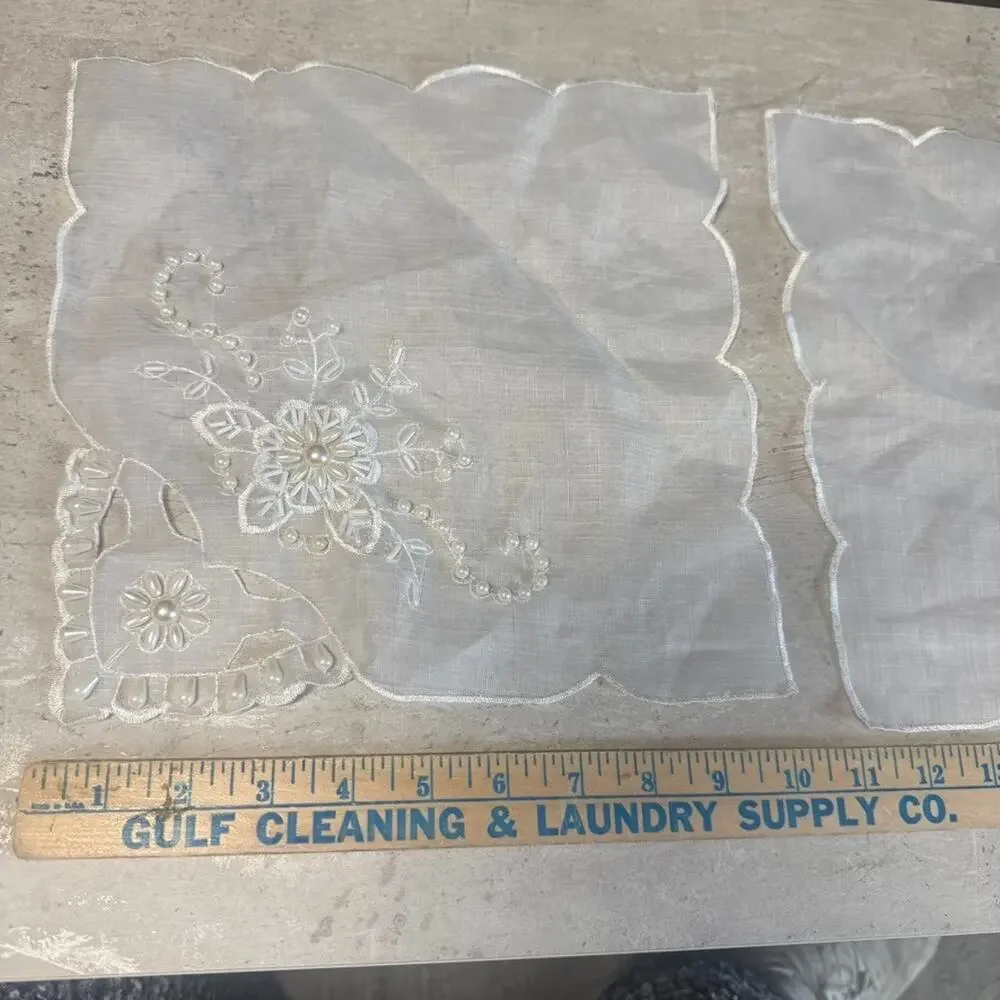 Vintage Handmade Beaded Pearl Embroidered Organza Fabric 2 Napkins Set